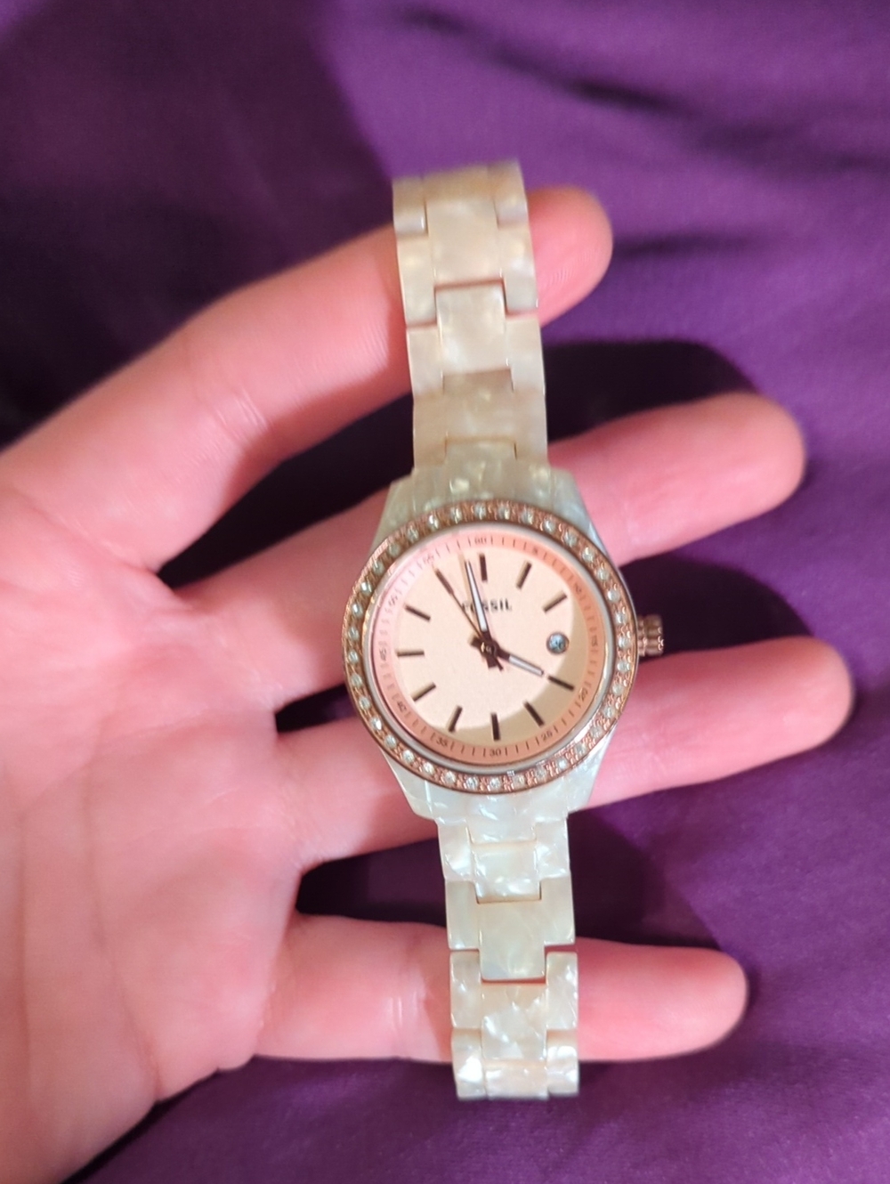 Fossil Rose Gold Cream Pearl Resin Watch - Fits 6" Wrist - Needs Battery
